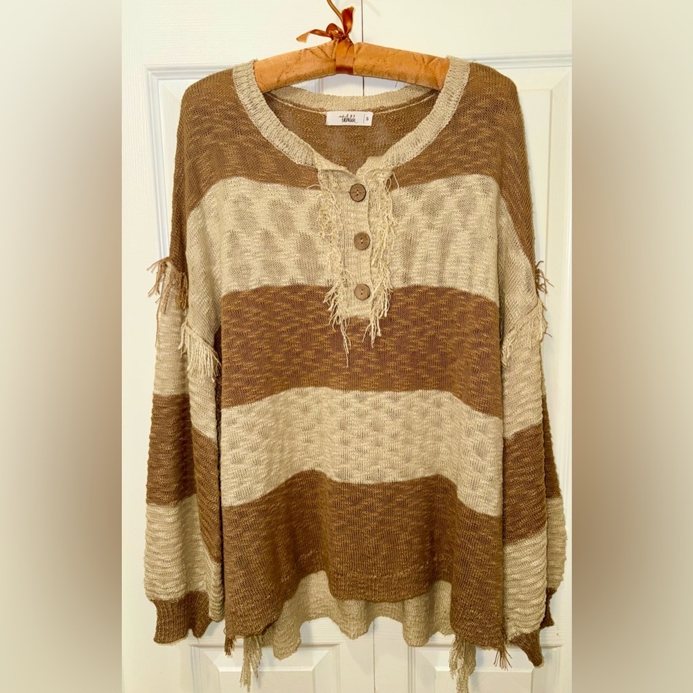 Talulah Boho Striped Fringe Lightweight Sweater Oversized Small